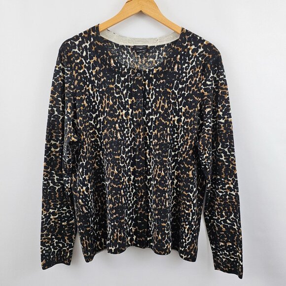 Talbots Cardigan Sweater Pure Merino Wool Womens 2X Leopard Print Black Tan - Picture 10 of 10